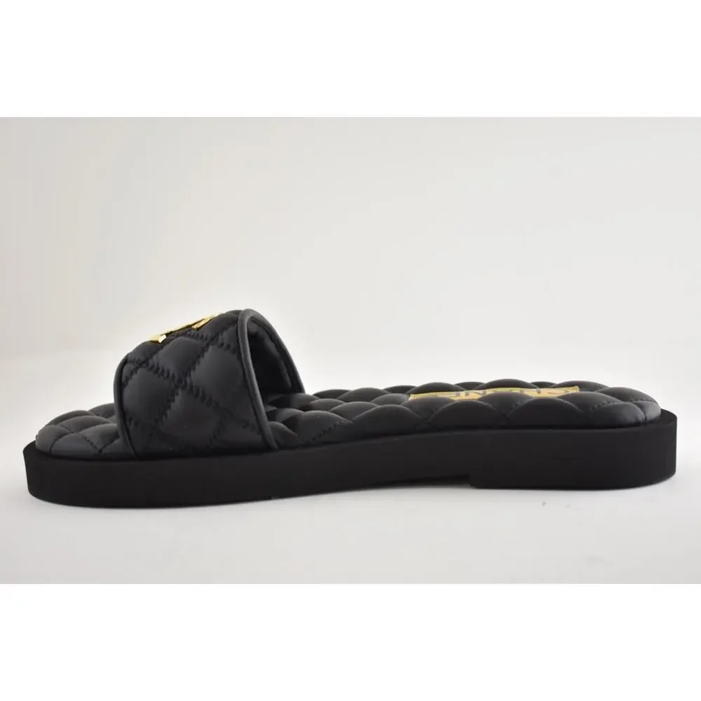 Chanel REV Black Quilted Leather Gold Logo Mule Slide Sandal Flip Flop Flat 35